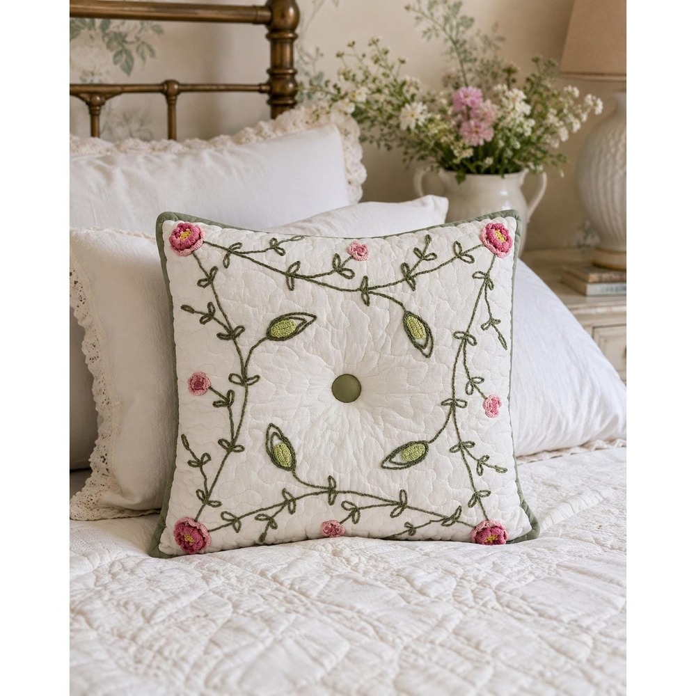 Vintage Quilted Floral Embroidered Throw Pillow Cottagecore 16x16